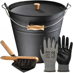 BLACK OAK Ascheeimer Set: 10L Metalleimer mit Deckel, Schaufel, Feger und Handschuhe für Kamin & Ofen.