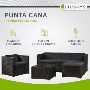 Schwarze Polyrattan Lounge Punta Cana L mit dunkelgrauen Bezügen, bestehend aus Sofa, Sessel, Hocker und Tisch.