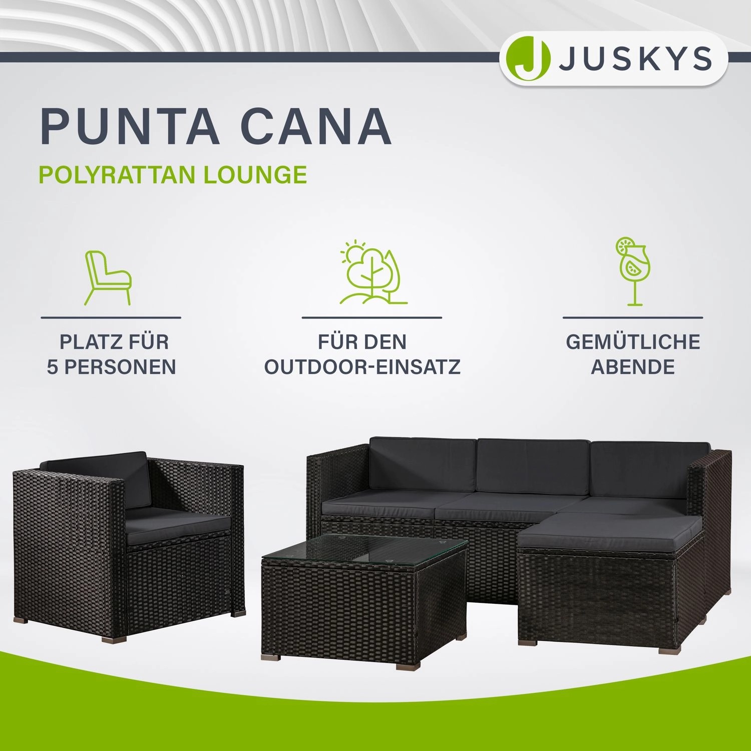 Schwarze Polyrattan Lounge Punta Cana L mit dunkelgrauen Bezügen, bestehend aus Sofa, Sessel, Hocker und Tisch.