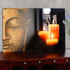 Glasbild MCW T117 40x60cm mit Buddha-Motiv und Kerzen, Wanddekoration für ein entspanntes Ambiente.