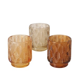 Boltze Windlichter Outono, 3 Glas-Teelichthalter in Beige, Hellorange und Rotbraun mit Blattmuster.