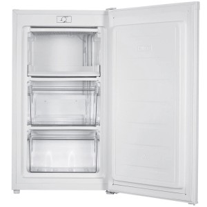 Offener, weißer homeX Gefrierschrank mit 60L Nutzinhalt und 2 Schubladen.