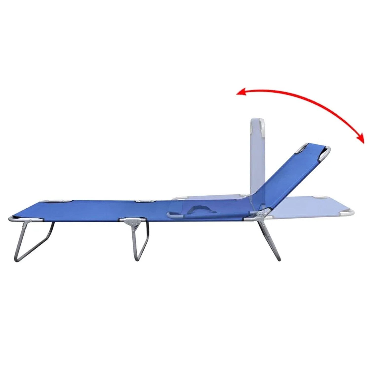 Blaue, klappbare Sonnenliege aus Stahl mit verstellbarer Rückenlehne.