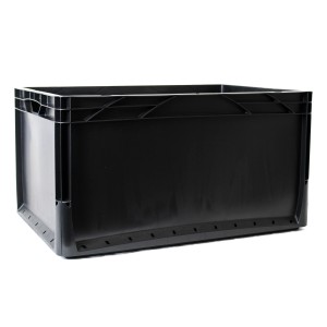 Schwarze Eurobox 60x40x32 cm Vollwand, robuste Aufbewahrungsbox für modulare Ordnungssysteme.