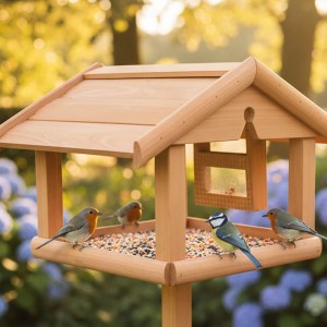 Orangefarbenes Vogelfutterhaus mit Ständer aus Tannenholz, mit Vögeln.