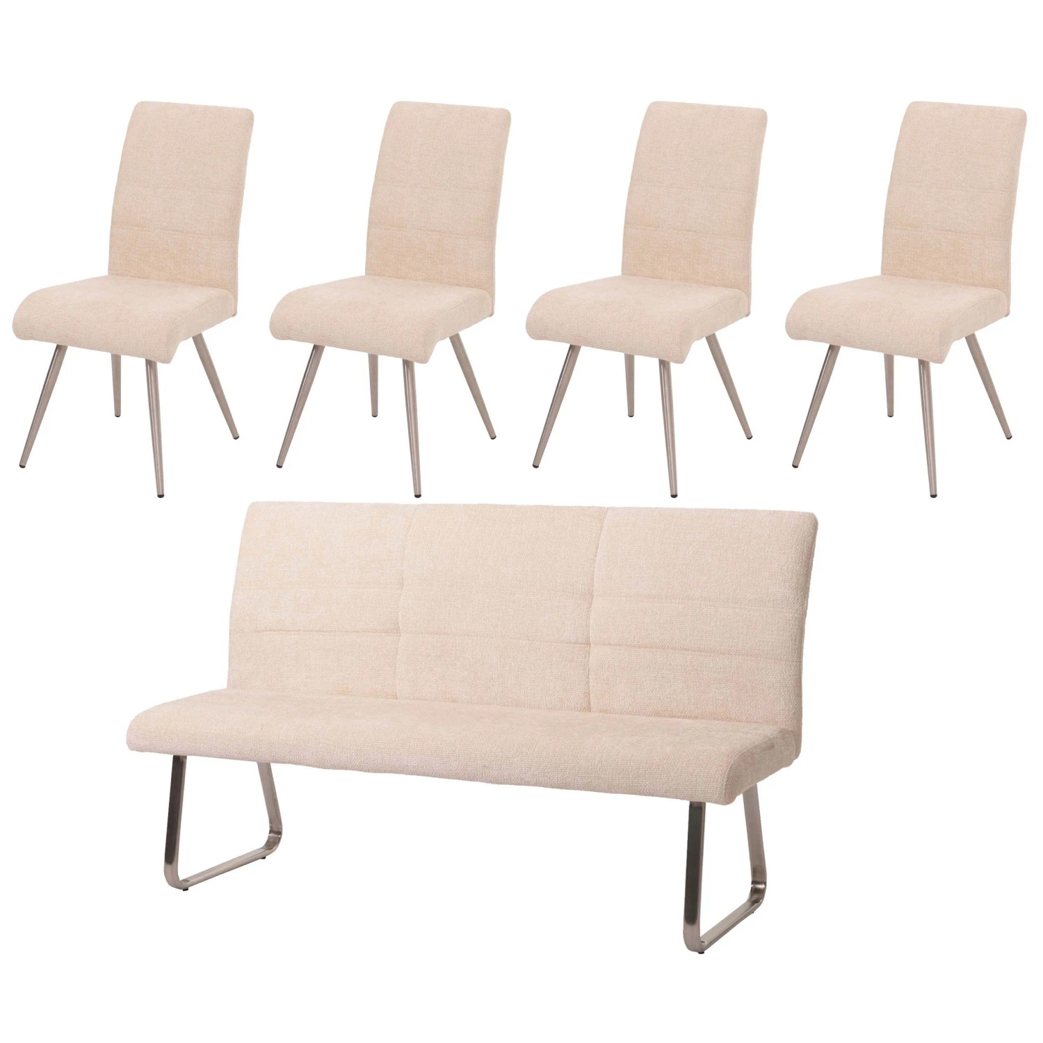 MCW Esszimmer-Set G55 Stuhl + Sitzbank 180cm 5-teilig Stoff Chenille Creme