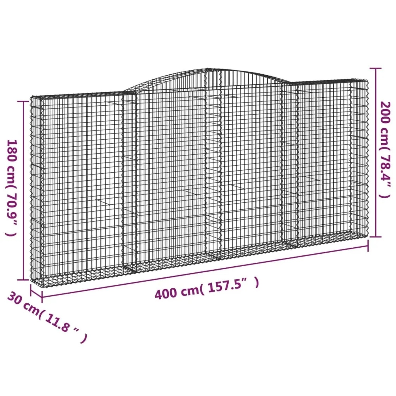 vidaXL Gabione mit Hochbogen, 400x30x180/200 cm, aus verzinktem Eisen. Ideal als Hochbeet oder Gartendeko.