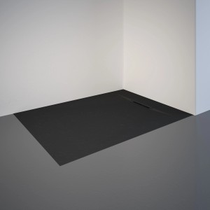 Rechteckige, anthrazitfarbene Schulte Duschwanne ExpressPlus Extraflach 120x90 cm im Badezimmer.