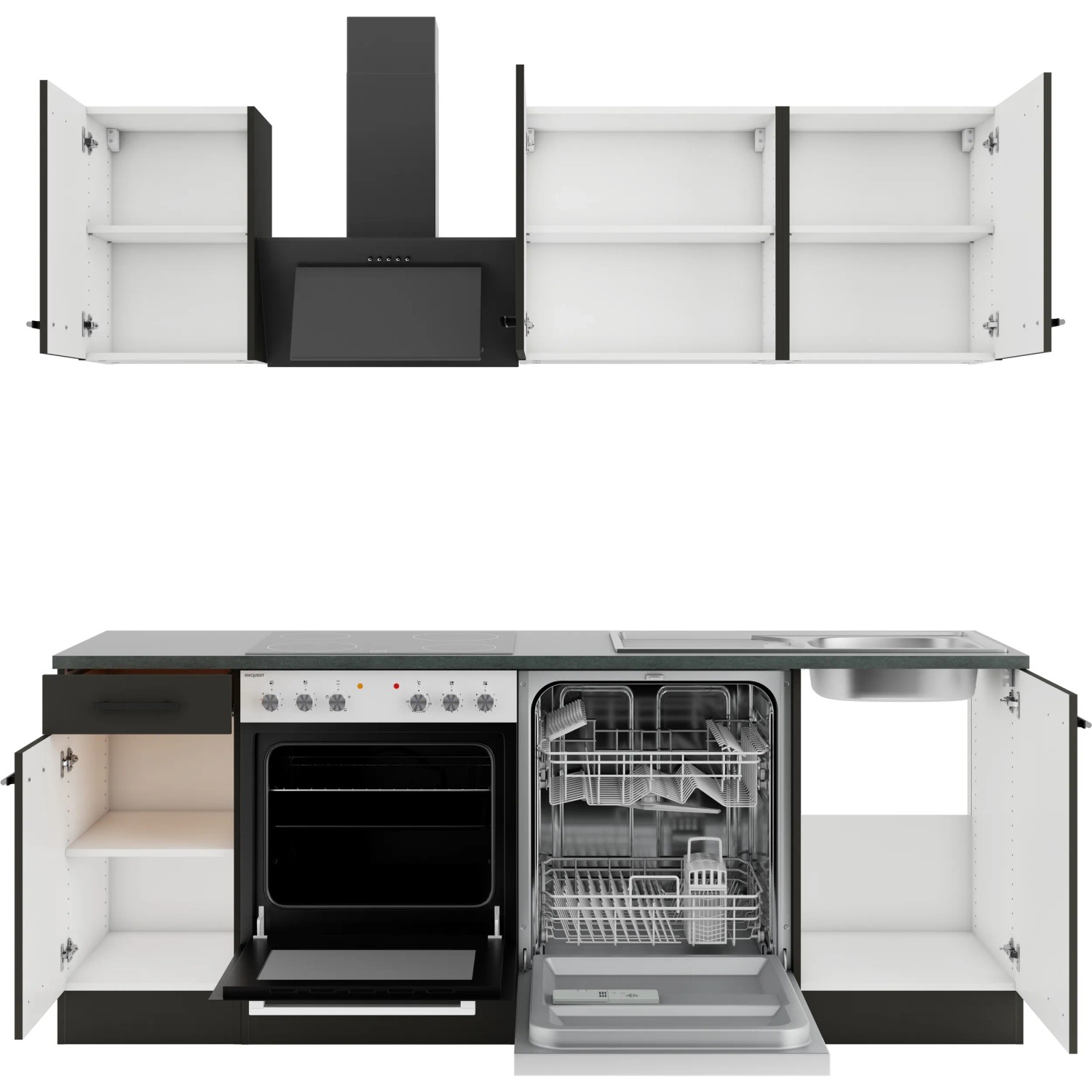 OPTIFIT Madrid420 Küchenzeile, 210 cm, Anthrazit, ohne E-Geräte. Unterschränke, Oberschränke, Spüle und Arbeitsplatte.