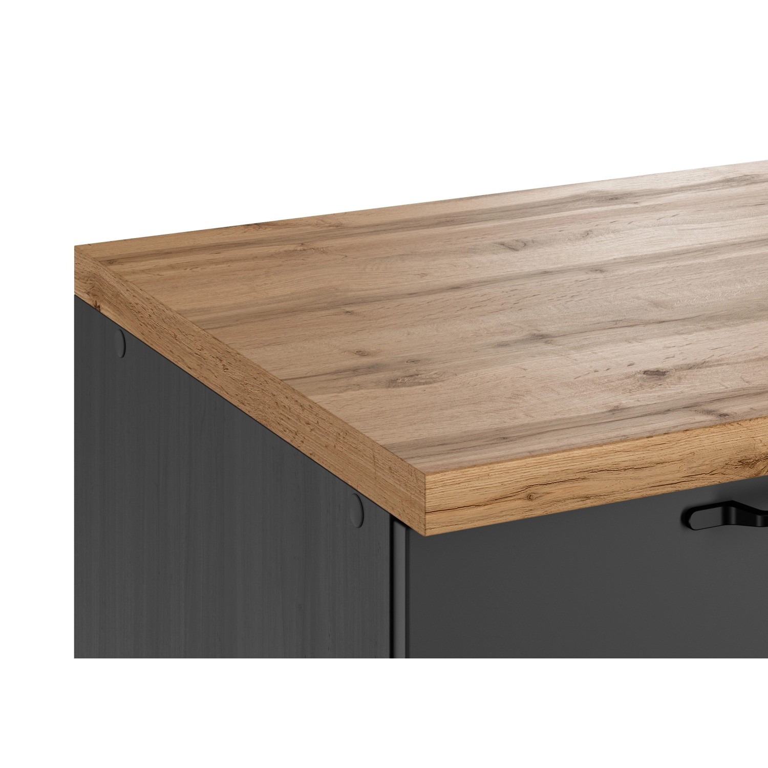 Detailansicht: Küchenzeile Kempten in Graphit/Grau mit Arbeitsplatte in Holzoptik.