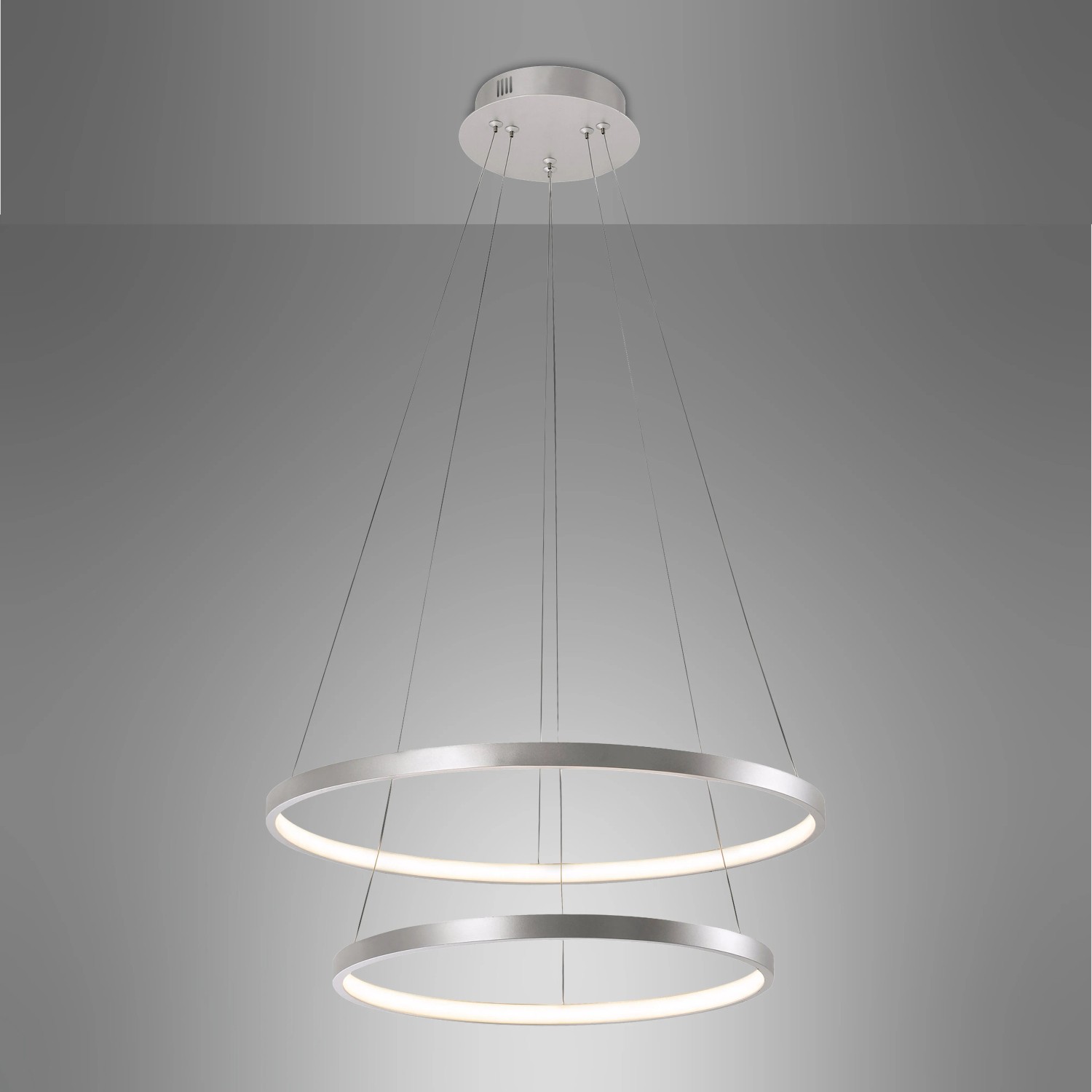 Moderne Just Light Pendelleuchte Circle in Silber, Ø 50 cm, mit zwei Leuchtringen.
