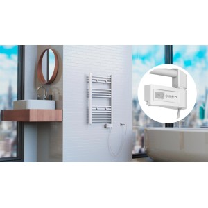 Weißer Eisl Badheizkörper 50x80 cm mit Heizstab und Zeitschaltuhr im modernen Bad.