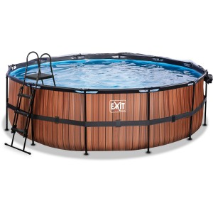 EXIT Wood Pool Ø450cm mit Leiter, Abdeckung und Wärmepumpe. Stahlrahmenpool in Holzoptik.