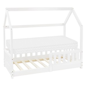 Weißes ML-Design Kinderbett 70x140 cm mit Matratze und Rausfallschutz aus Massivholz.