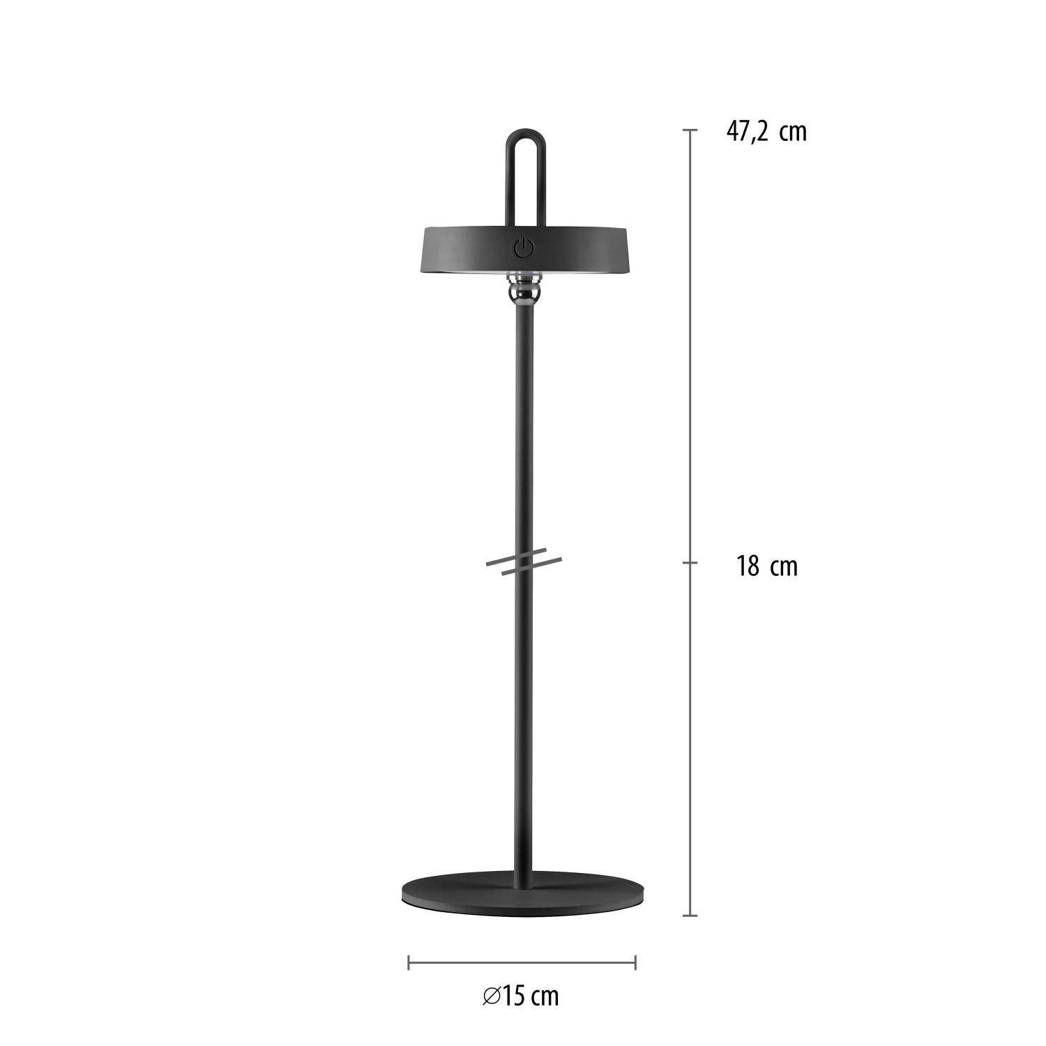 Schwarze LED-Akku-Tischleuchte Amag, 47,2 cm hoch, Ø 15 cm, für Innen- und Außenbereich.