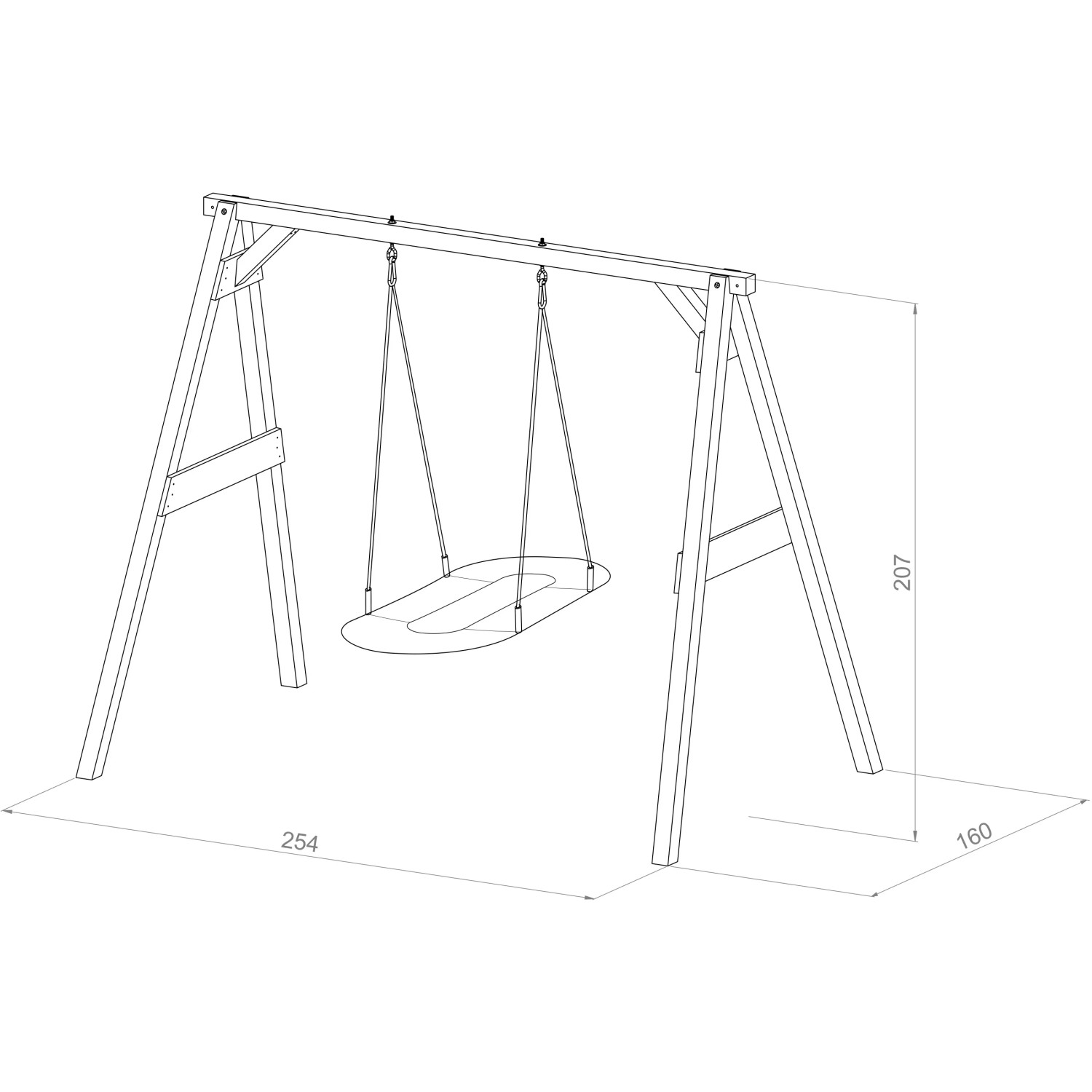 Axi Nestschaukel Roxy, braunes Schaukelgestell mit ovaler Sitzfläche, Maße 160x254x207 cm.