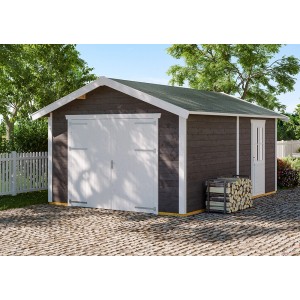 Holzgarage Varberg in Schiefergrau mit Doppeltor und Einzeltür. Skan Holz Fertiggarage.