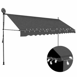 Anthrazitfarbene vidaXL Markise mit LED-Beleuchtung, handbetrieben, 400 cm breit.