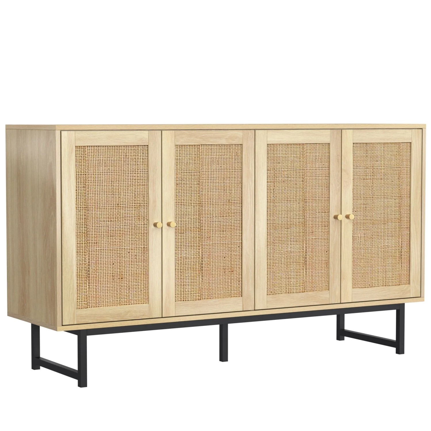 Sideboard 140x39x80 cm mit Echtem Rattangeflecht 4 Türen und Metallbeinen