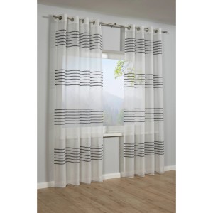 Grauer Bennetti Schal mit Ösen und transparenten 3-D Streifen als Fenstervorhang.