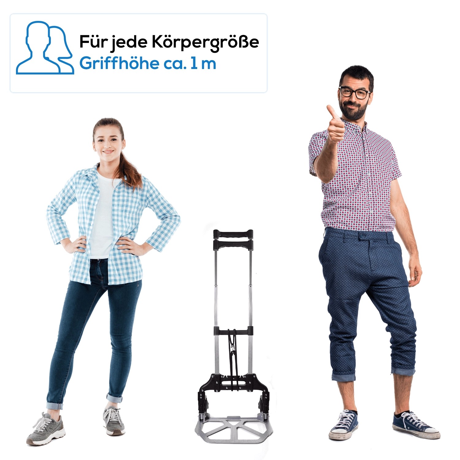 Zusammengeklappte Tronitechnik Sackkarre mit zwei Personen zur Demonstration der Größe.