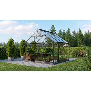 Schwarzes Vitavia Gewächshaus Meridian 1 6700 ESG mit Glasfront und Pflanzen im Garten.