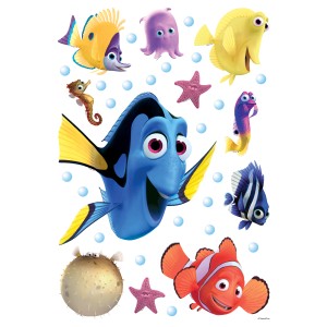Disney Wandtattoo Findet Dorie mit bunten Fischen und Meeresmotiven für Kinderzimmer.