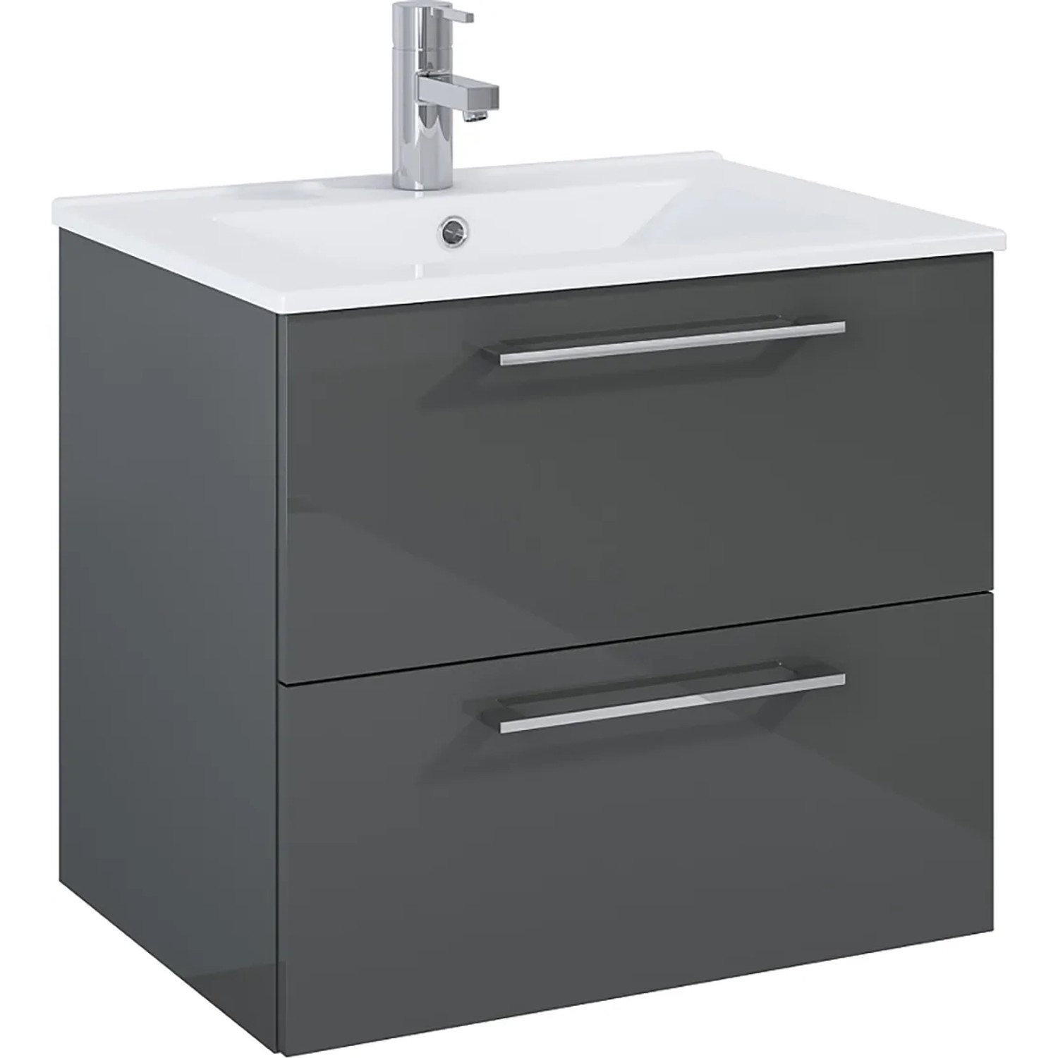Maximus Waschbeckenunterschrank Stylo, Anthrazit, 60 cm mit zwei Schubladen und Aufsatzwaschbecken.
