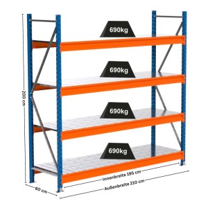 PROREGAL Industrie Weitspannregal Lagerregal MAXIMUS PRO Grundregal HxBxT 200x200x60cm 4 Stahlplatten-Fachboden Fachlast 690kg Blau/Orange