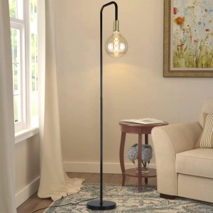 Schlanke Vintage-Stehlampe aus schwarzem Metall mit goldener Fassung und Edison-Glühbirne im Wohnzimmer.