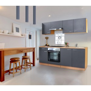 Respekta Küchenzeile KB210BGEC, 210 cm, Grau/Buche Nachbildung, glänzende Fronten, mit E-Geräten.