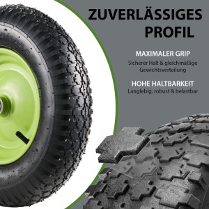 TRUTZHOLM Schubkarrenrad 4.80/4.00-8 mit Achse, 4PR, grüne Metallfelge, Profil für maximalen Grip.