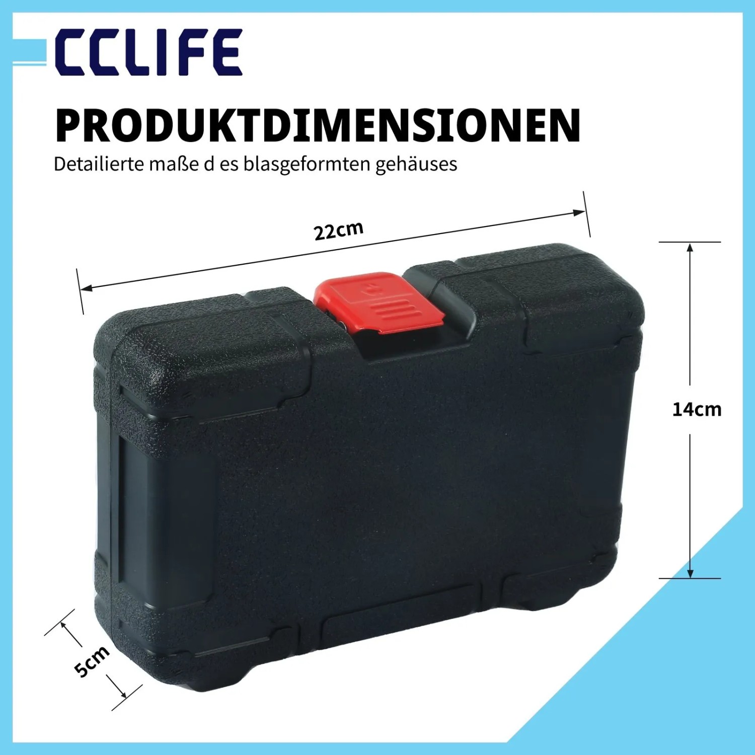 Schwarzer CCLIFE Kunststoffkoffer mit rotem Verschluss für 7-teiliges Schlagschrauber Nuss Set, Maße 22x14x5 cm.
