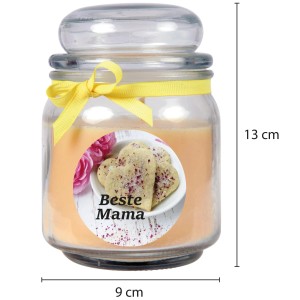 Gelbe HS Candle Duftkerze im Glas mit Vanilleduft und Muttertagsmotiv.