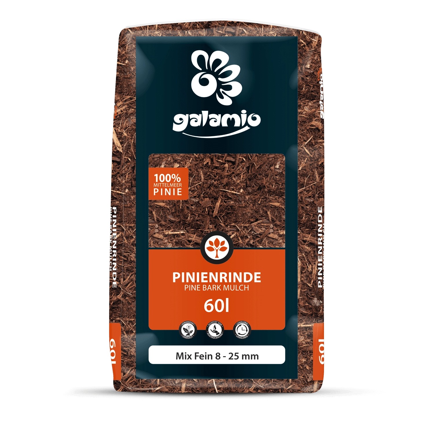 Galamio Pinienrinde Mix Fein, 60l Sack auf Palette. Dekorative Bodenabdeckung für den Garten.