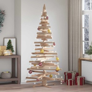 Natürlicher vidaXL Weihnachtsbaum aus Kiefernholz (210 cm) mit Ständer, geschmückt mit Kugeln und Lichterkette.