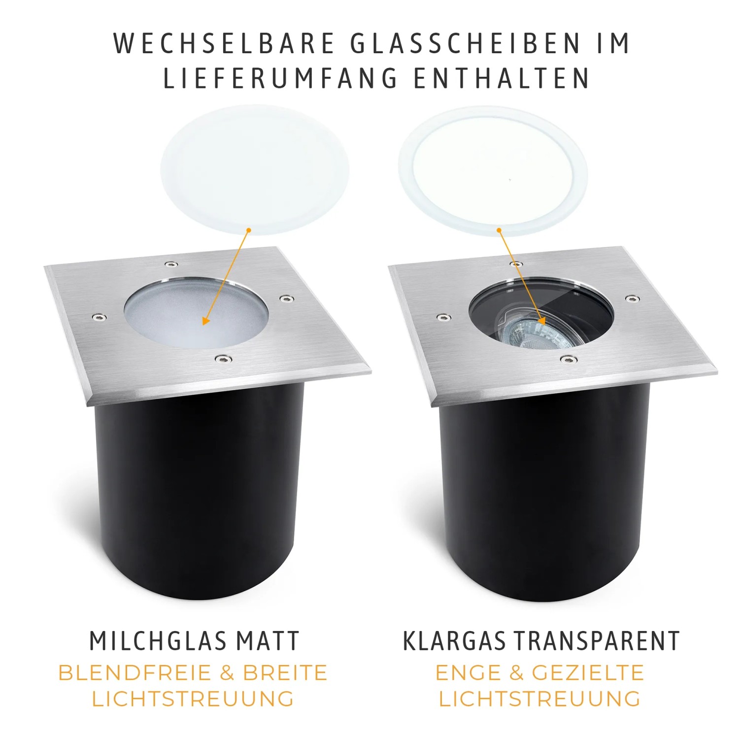 4er Set SSC-LUXon Juavi Bodeneinbaustrahler, eckig, silber, IP67, schwenkbar, ohne Leuchtmittel.