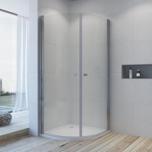 Aquabatos Runddusche 90x90 cm mit Klarglas Pendeltüren, 6mm ESG Sicherheitsglas und Chromprofilen im Bad.