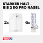 Zwei weiße tesa Klebenägel und sechs Powerstrips für Tapeten und Putz, halten bis 2 kg.