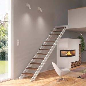 Treppen Intercon Raumspartreppe London Stahlwangentreppe Polar-Weiß mit Stufenbreite 70 cm Buche Dunkel Beidseitiges Geländer 13 Stufen