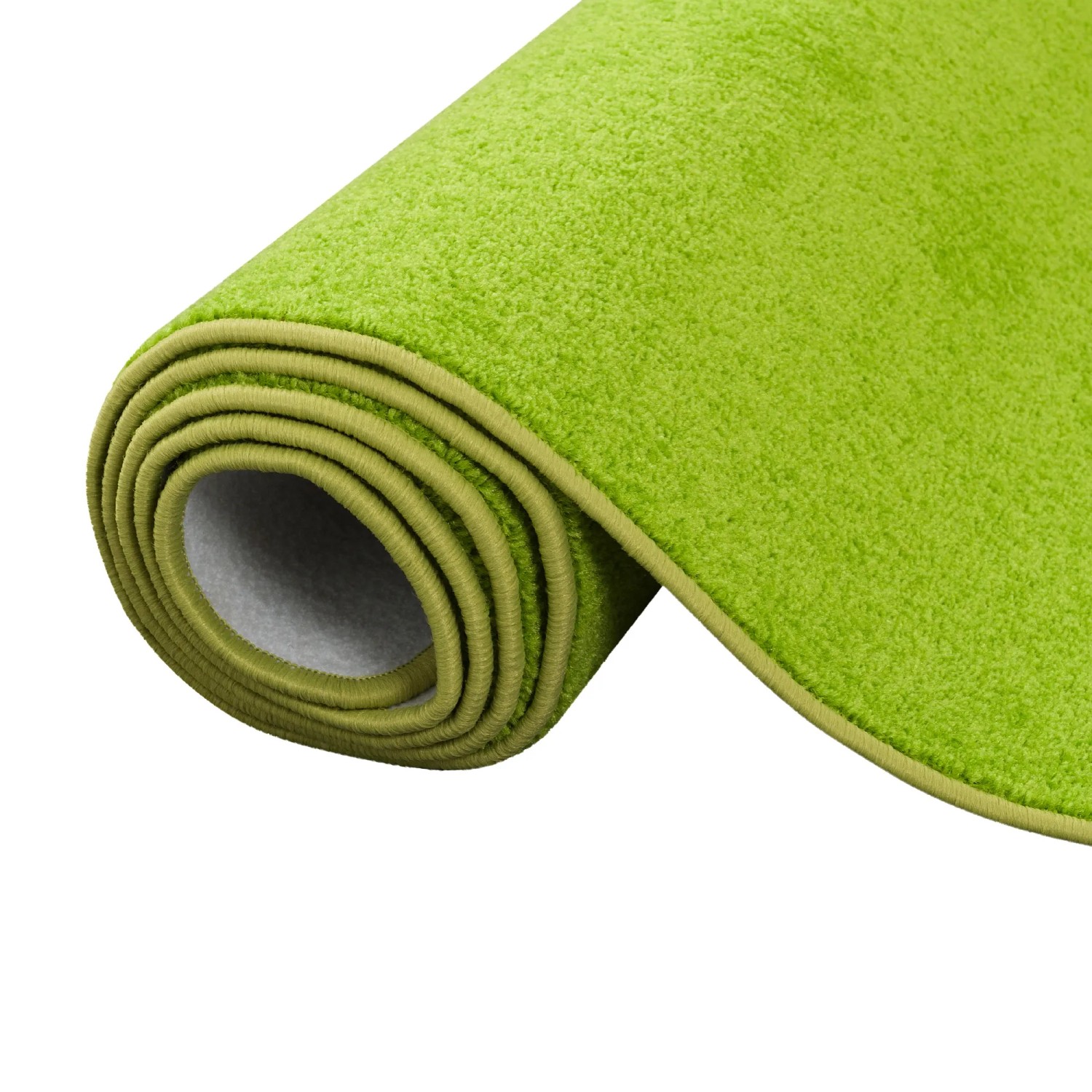 Gerollter, grasgrüner Snapstyle Teppich Joy, 133x133cm, aus Velours. Kurzflorteppich mit Kettelung.