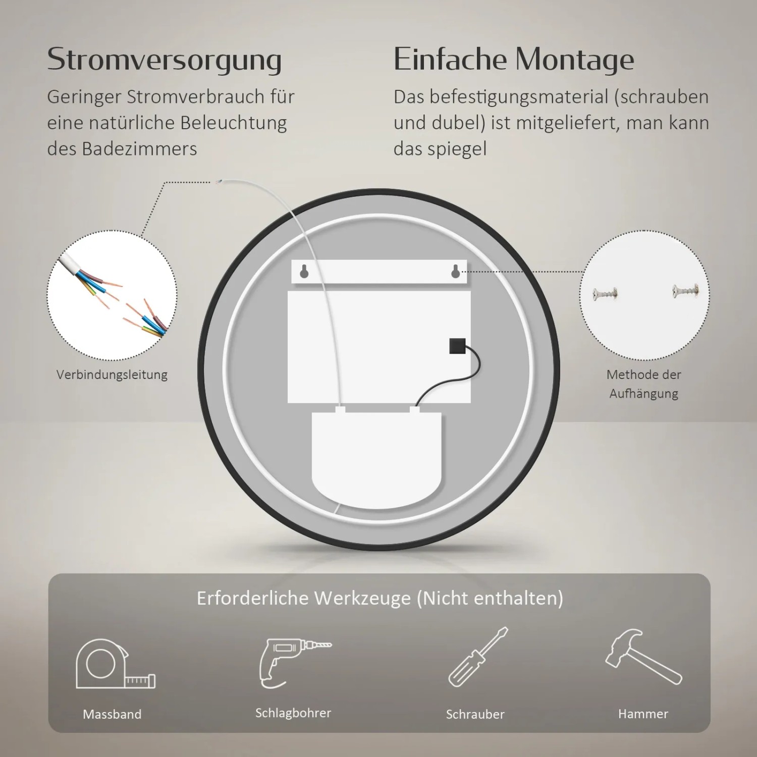 Montage-Hinweis für Emke LED Badspiegel: Stromversorgung, einfache Montage und benötigtes Werkzeug.