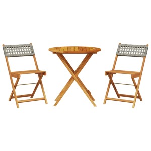 vidaXL Bistro-Set, 3-teilig, grau, aus Polyrattan und Akazienholz. Gartenmöbel-Set mit Klapptisch und Stühlen.