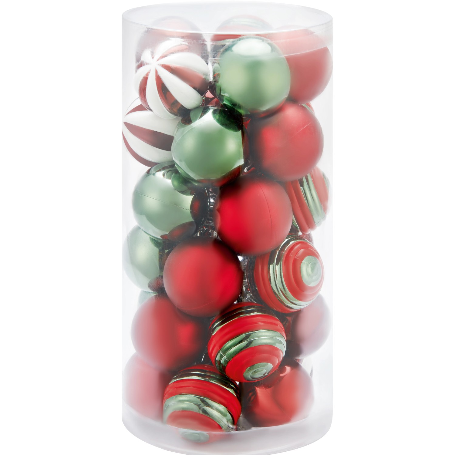 30-teiliges Weihnachtskugel-Set (Ø 4 cm) im amerikanischen Stil in Rot, Weiß und Grün, verschiedene Oberflächen.
