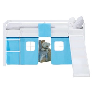 Weißes Kinder Hochbett 90x200 aus Kiefernholz mit blauer Stoffhöhle, Rutsche und Leiter. Inkl. Matratze.