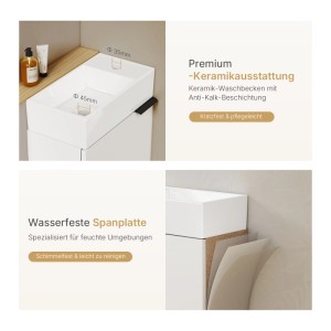 Emke Waschbeckenunterschrank mit Keramikbecken, weiß, für kleine Bäder. Kompakter Badschrank.