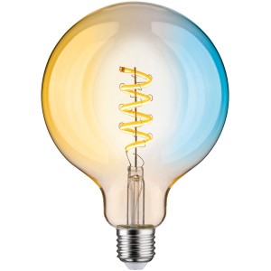 Paulmann E27 LED Leuchtmittel in Globeform mit spiralförmigem Filament und Farbverlauf.