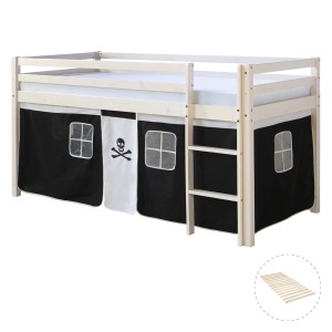 Homestyle4u Hochbett 90x200 mit Vorhang und Lattenrost in Weiß Pirat 2538
