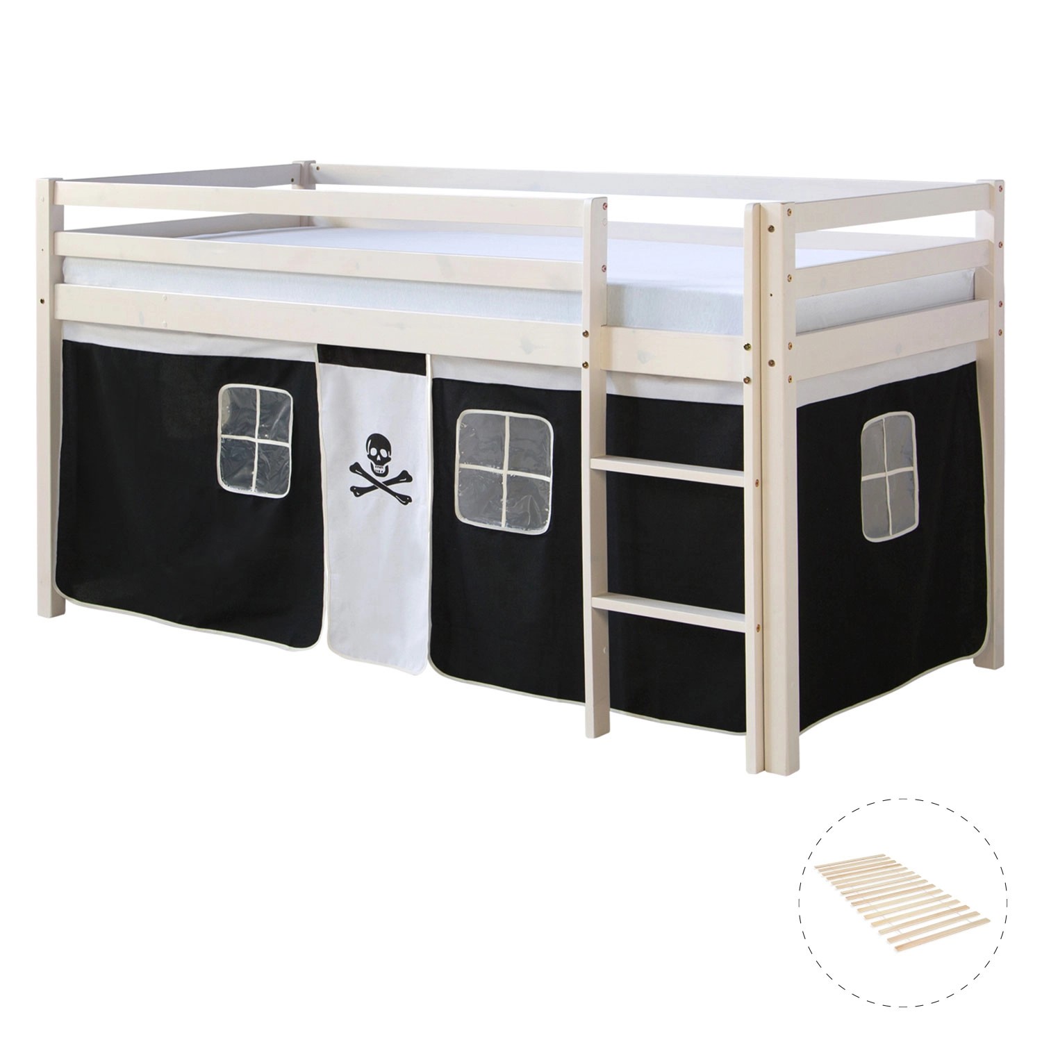 Homestyle4u Hochbett 90x200 mit Vorhang und Lattenrost in Weiß Pirat 2538