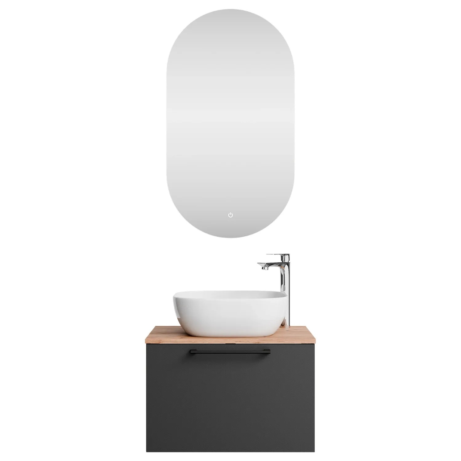 Planetmöbel ASTRA Badmöbel Set 60 cm mit Aufsatzwaschbecken 42,5 cm Weiß LED Spiegel Soft Close